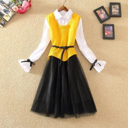 Shirt Collar Mesh Stitching Dress Suit Female Spring and Autumn Bottoming Skirt Knitted Vest Two-piece Suit
