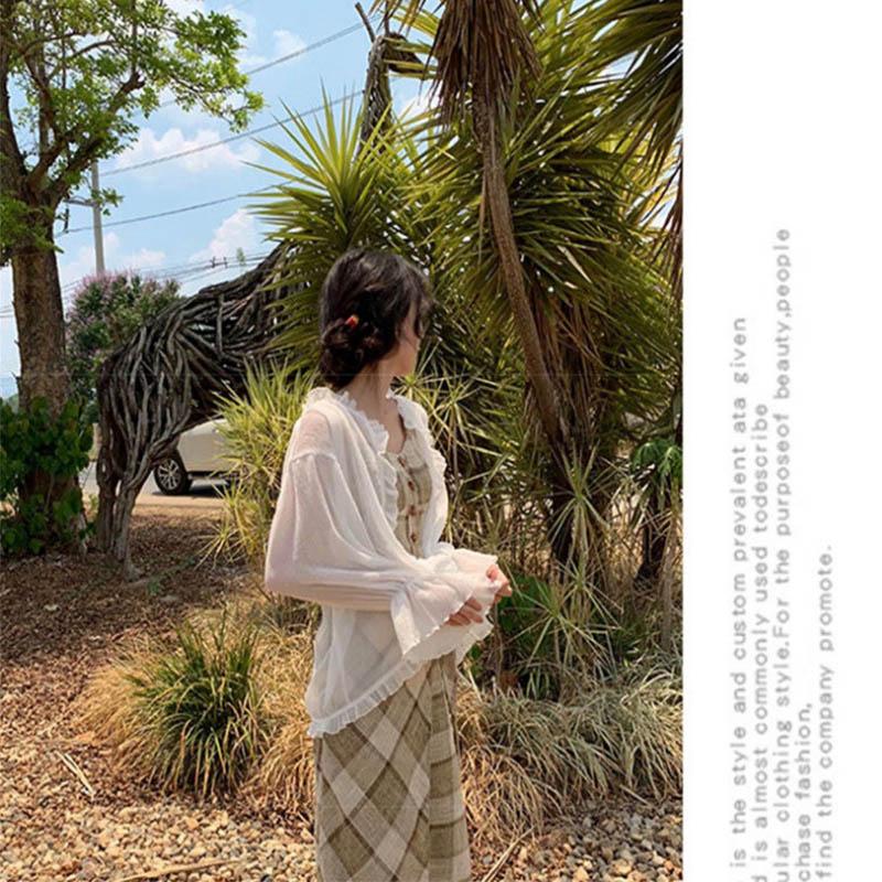 Ice Silk Sunscreen Women's Cardigan with Suspenders Skirt with Shawl and Chiffon Jacket