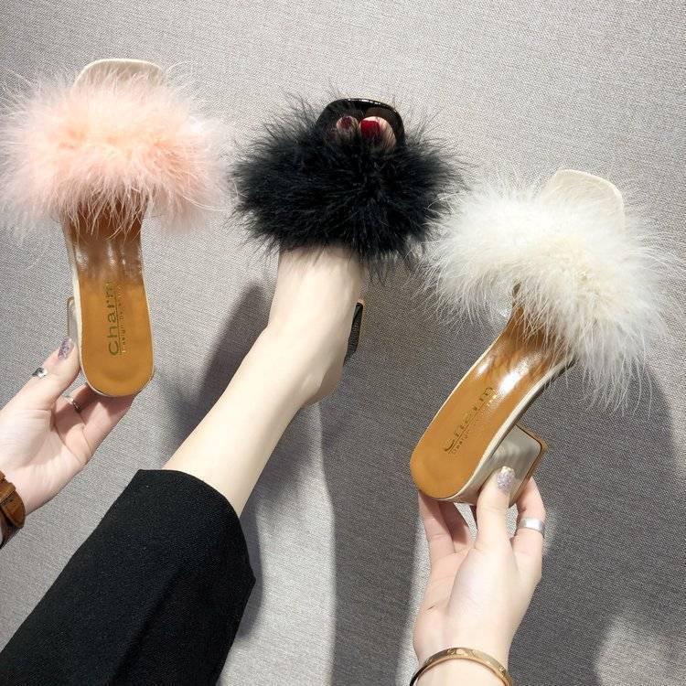 Fur Slippers Women Fluffy  Sandal Sliders Comfort Summer High -Heeled Open Toe  Sandal Slippers Sweet Ladies Block Heel Slippers Footwear