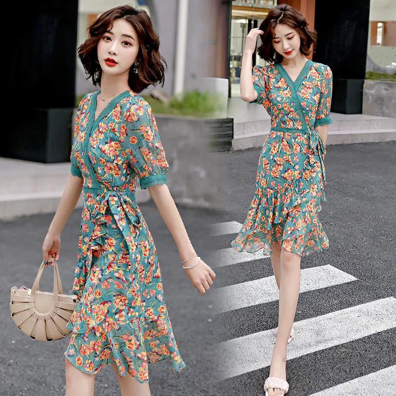 Women's Summer Floral Chiffon Dress V-neck Mid-length Skirt