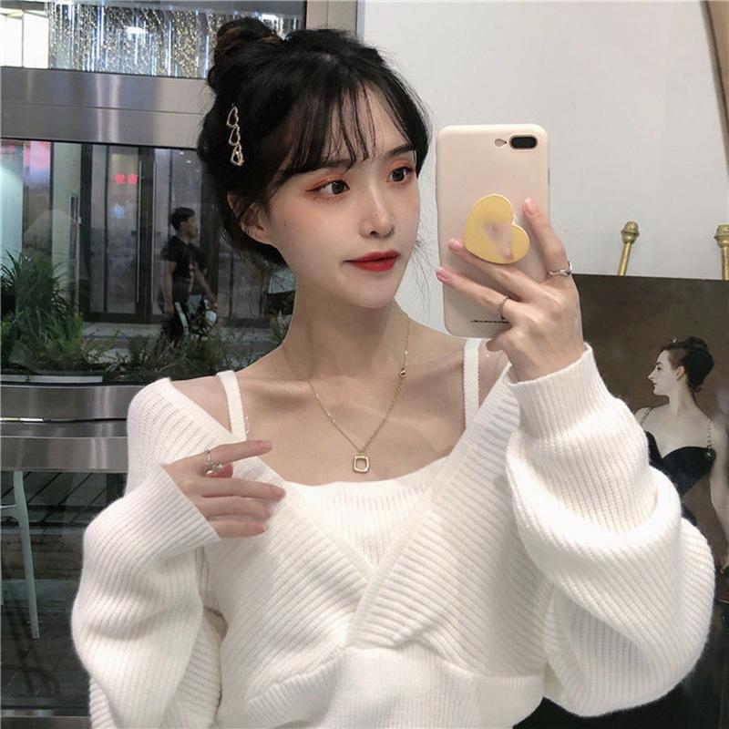 Design Sense French Niche Waist Sleeves Are Thin, Fake Two-piece Clavicle Strapless Large Size Long-sleeved Sweater Women's Blouse