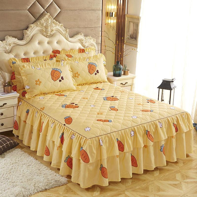 3pcs/set Thickened Queen-size Bed Skirt Cute Princess Wind Bedspread Non-slip Simmons Protective Cover