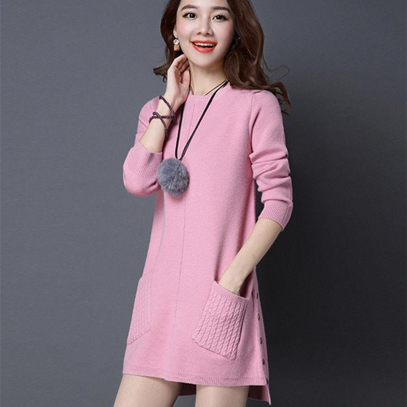 Women's Mid-length Pullover Sweater Loose Simple Irregular Hem Bottoming Sweater  Knitted Sweater Dress  with Pockets
