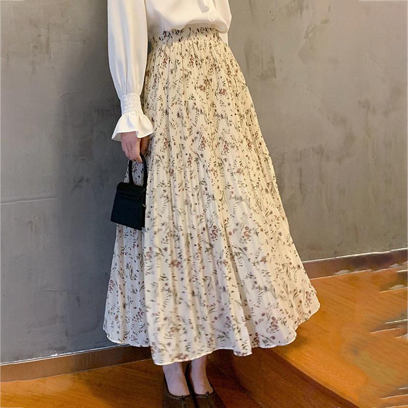 Pleated Floral Skirt Summer Women's High Waist Mid-length A-line Draping Chiffon Fairy Dress