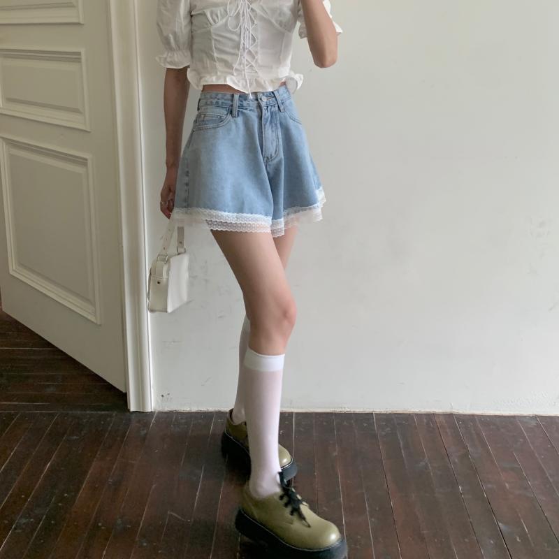 Sweet Denim Shorts for Women Wide Leg Cute Short Pants Summer High Waist Lace Edge Pants A-line Loose Jeans Pants High Waist Shorts Y2k Short Bottoms