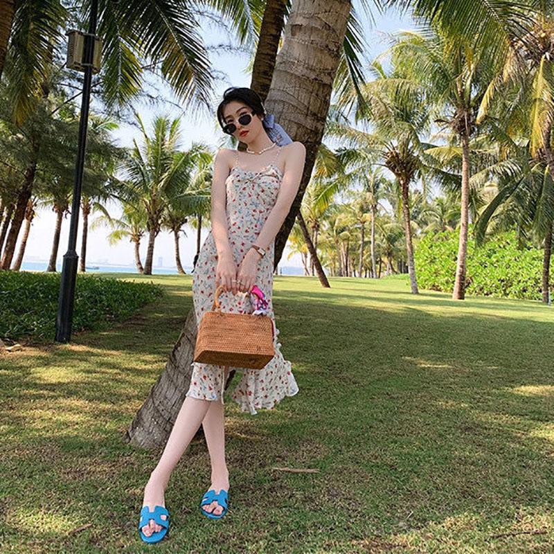 Floral Pearl Sling Dress Summer Mid-length Split Sweet First Love Dress