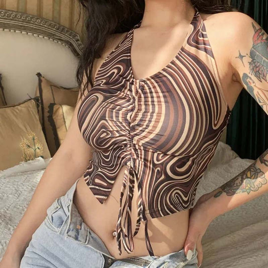 Printed Pleated  Lace-up Halter Neck Vest Women's Summer Sexy Beauty Back Crop Top Beaded Strap Camisole Sleeveless Beach Wear Cool Steetwear Top