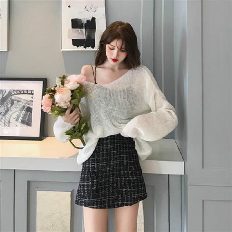Pofulove Winter Girl Thin Lazy Wind Loose Hollow Sweater Long Sleeve Pullover Retro Bottoming Shirt