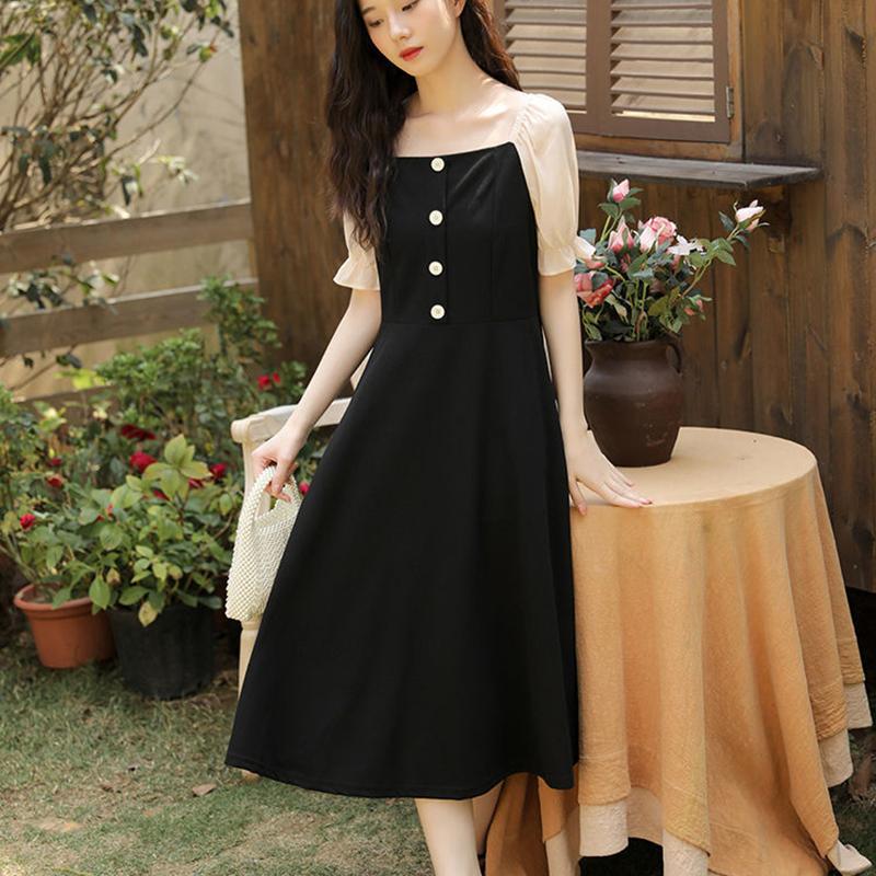 French Retro Style Sexy Black Woman Square Collar Puff Short Sleeves Wedding Part Mid-calf Dress