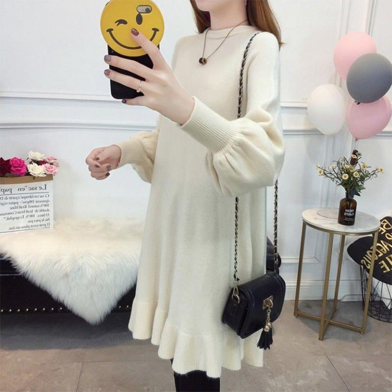 Spring and Autumn Maternity Clothes Long Sleeve Dress Mid-length  Loose Plus Size Round Neck Knitted Skirt