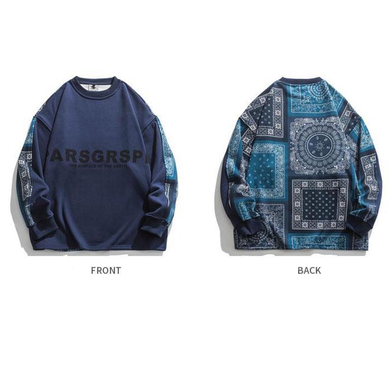 High-quality Tide Brand Cashew Flower Color Matching Plus Velvet Round Neck Sweater Men's Hip-hop Loose Casual All-match Capless Chic Top