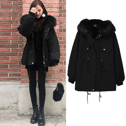 Women's Eiderdown Cotton Padded Jacket Winter Thick Hooded  Parka Coat  Drawstring Jacket Coat with Faux Fur Collar