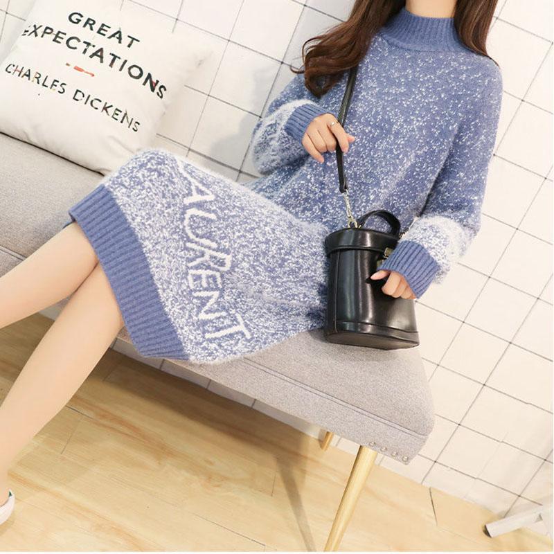 Women's High Neck Pullover Sweater Thick Loose Mid-length Mohair Sweater Bottoming /outwear Sweater Dress