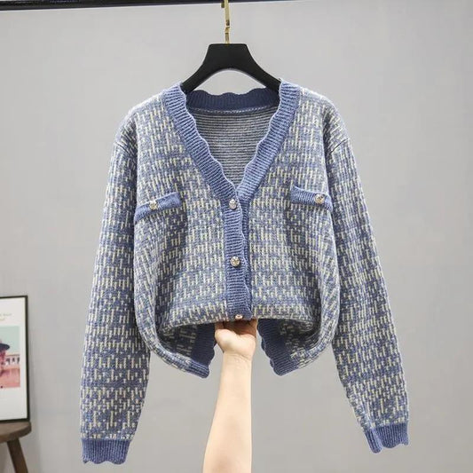 Cardigan Women's Autumn Plaid Long-sleeved V-neck Knit Sweater Coat Korean Style Loose Sweater Women