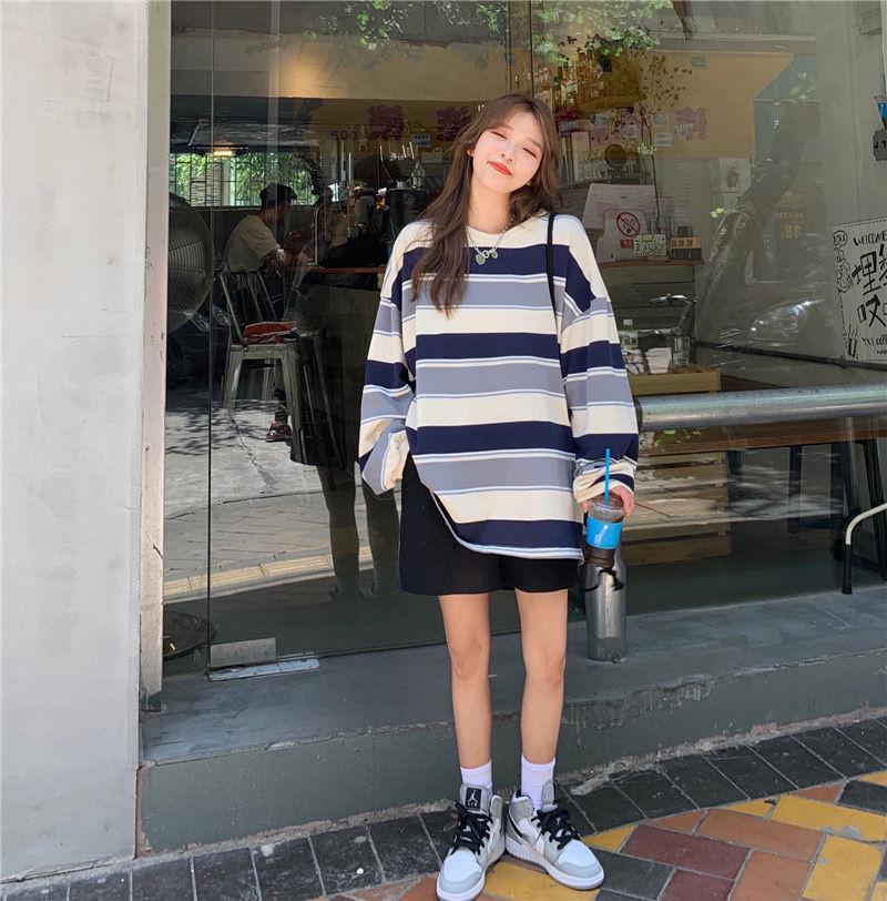 Striped T-Shirt Casual Autumn Ladies Loose Tee Female Women Long Sleeve Pullover