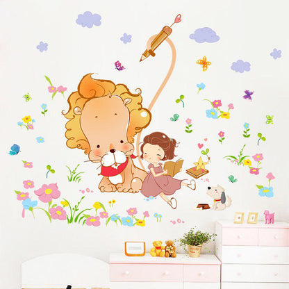 [Wall sticker ]Lion Girl In The Flowers Wall Stickers For Kids Rooms Nursery Baby Bedroom Children D