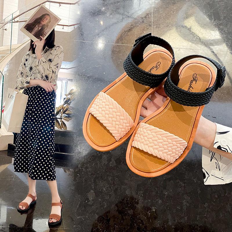 Summer Fashion Imitation Woven Buckle Strap Low heel Ethnic Style Ladies Sandals Slippers Open toe Fish Mouth Sandals Women