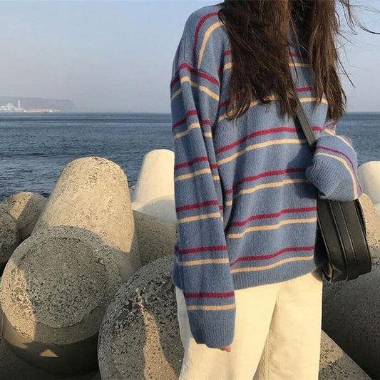 Autumn Winter  Women Fashion Sweater  Knitting Sweater Stripe Round Neck Pullovers Loose Casual Long Sleeve Sweater