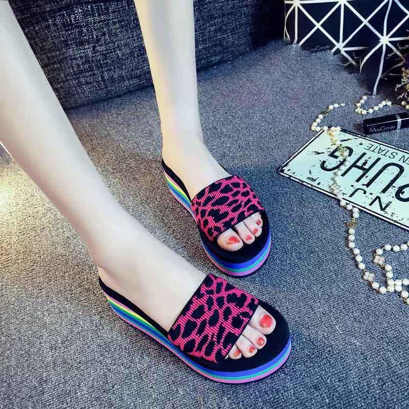 Plus Size 35-40 Summer Retro Women Rainbow Shoes Leopard Print Beach Casual Sandals Women Summer Flip Flop Sandals