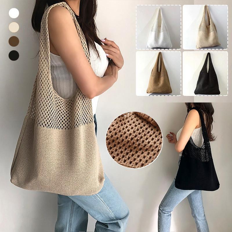 Women Casual Hollow Woven Shoulder Bag Knitted Handbags Large Capacity Vintage Tote Bags