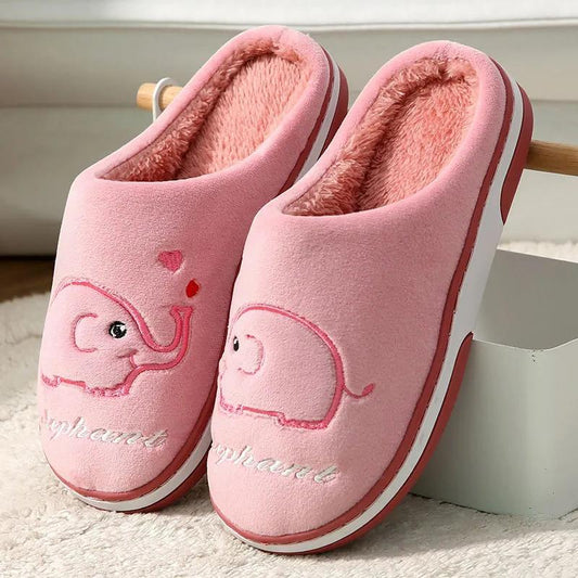 Women Winter Slippers Cute Elephant Embroidery Plus Size Cotton Shoes Men Home Indoor Casual Slippers Blue Pink Slippers Thick Fleece Warm Non Slip