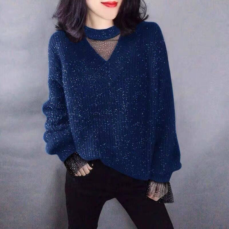 Black Lace Women Stitching Pullover Top Chiffon Autumn Casual Solid Loose Long Sleeve Crew Neck