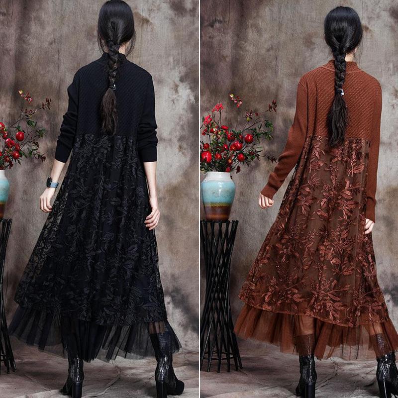Autumn and Winter Bottoming Skirt Mid-length Retro Ethnic Embroidery Knitted Sweater Dress Long-sleeved Half-high Collar Lace Skirt