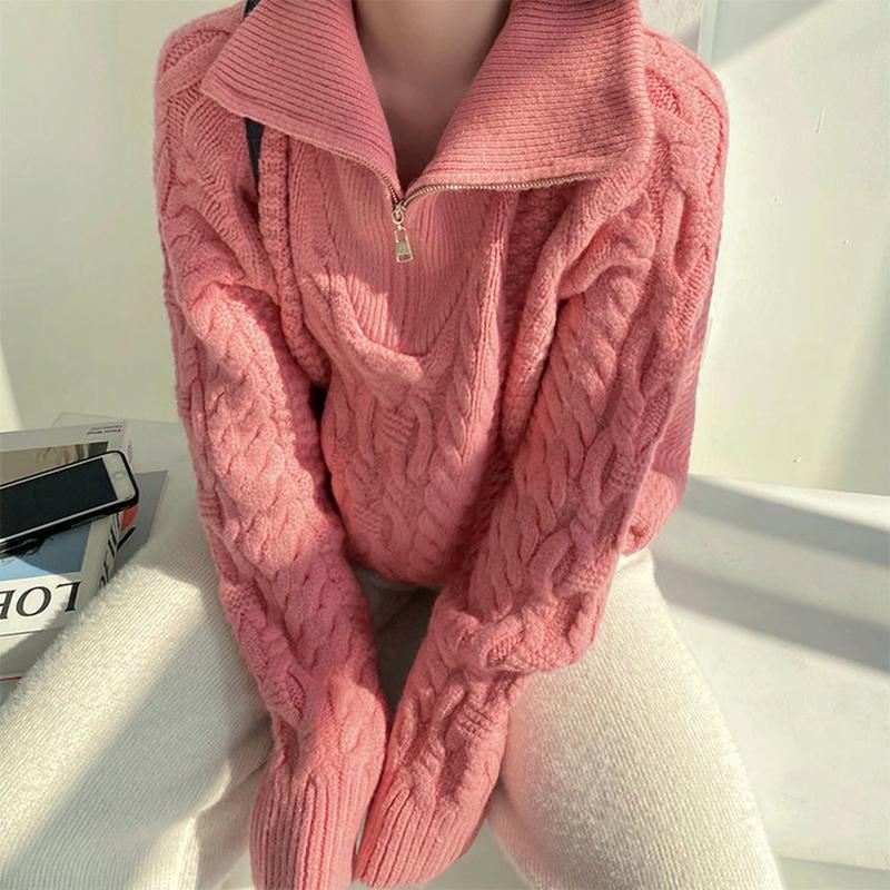 Retro Twist Zipper High Neck Pullover Sweater Women Loose Long-sleeved Lapel Cropped Top Autumn Winter