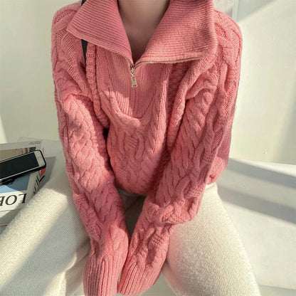 Retro Twist Zipper High Neck Pullover Sweater Women Loose Long-sleeved Lapel Cropped Top Autumn Winter