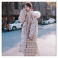 Raccoon Large Fur Collar Plaid Down Jacket Women Mid-length Long Thick and Loose
