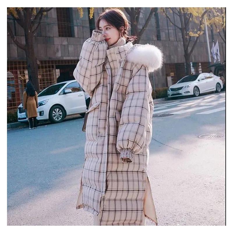 Raccoon Large Fur Collar Plaid Down Jacket Women Mid-length Long Thick and Loose