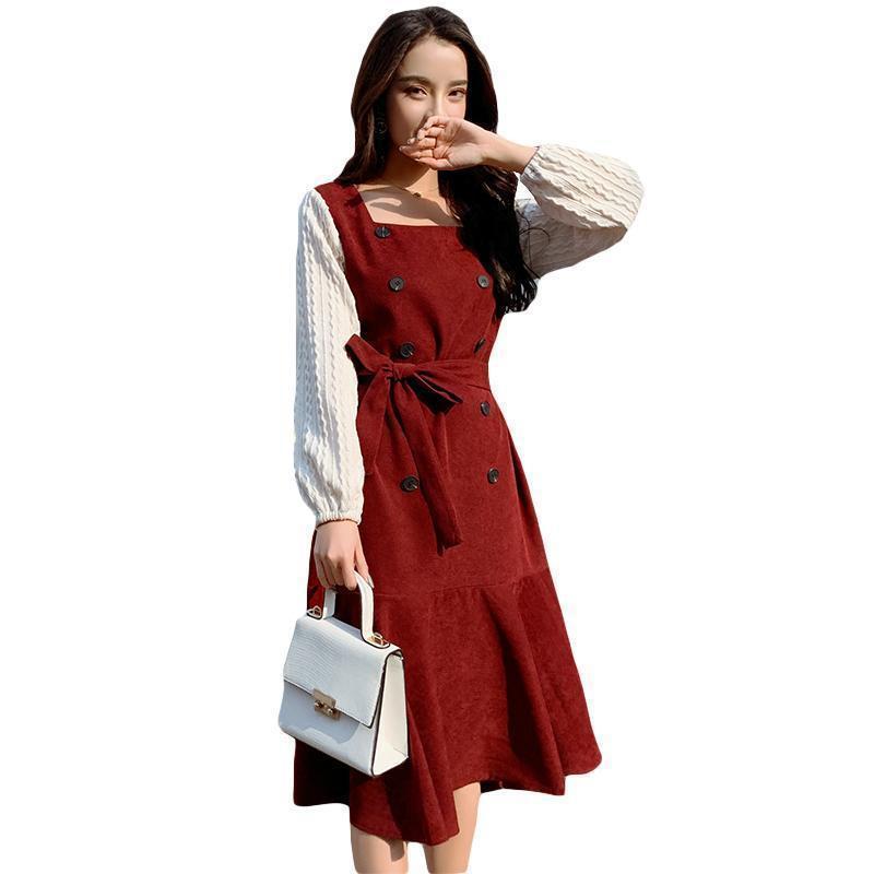 Large Size Dress Spring Dress Waist Waist Was Thin  Fake Two Pieces of Western Style Age-reducing French Retro Long Skirt