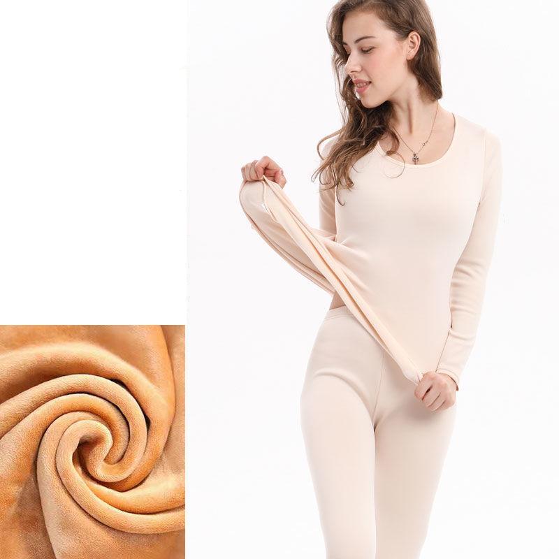 Women Plus Size Winter Thermal Underwear Plus Velvet Thickened O-neck Tops Pants Female Tight Suit Windproof Comfortable Soft Lining Long Sleeve
