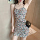 Female Vintage High Waist Holiday Short Dress Slim Floral Print Elegant Backless Party Club Dress