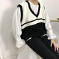 Turtleneck Vest Women's Retro V-neck Loose Striped Color Matching High Waist Short Wool Sweater Thin Sleeveless Sweater Simple Ladies Top