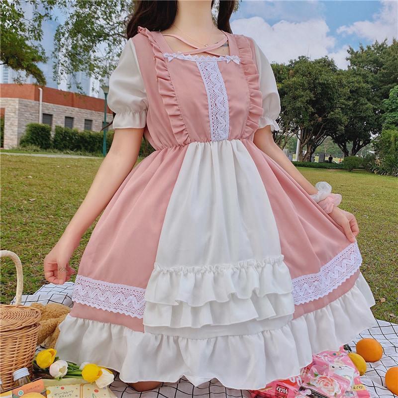Girl Cosplay Dress Lolita Style Puff Sleeve Bandage Sweet Sailor Collar Lace Dress Kawaii Ruffles Dress