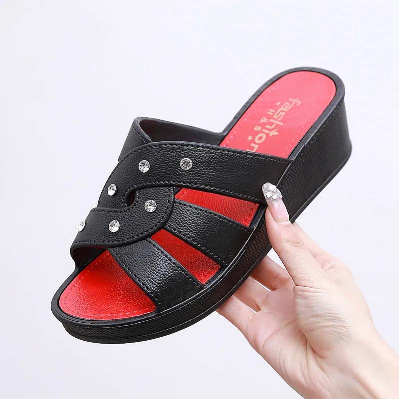 Ladies High Heel Slippers Summer Thick Bottom Home Outdoor Non-slip Slippers Women Summer Shoes Soft Bottom Wedge Heel Rhinestone Sandals