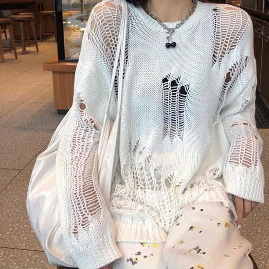 Gothic Punk Hole Sweaters Women  Streetwear Harajuku Sweaters Hollow Out Broken Knitted Jumper Woman Pullover Sweater