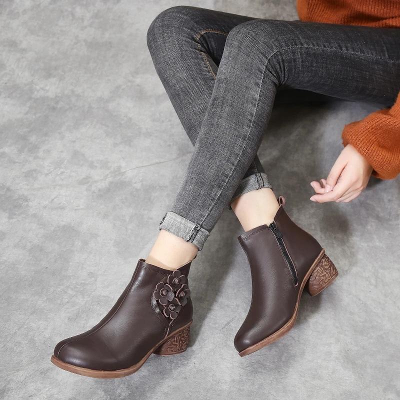 Women's Autumn and Winter Cowhide Plus Cashmere Martin Boots Waterproof Non-slip High Heels Out High Heel Ankle Boots Soft Mother Shoes