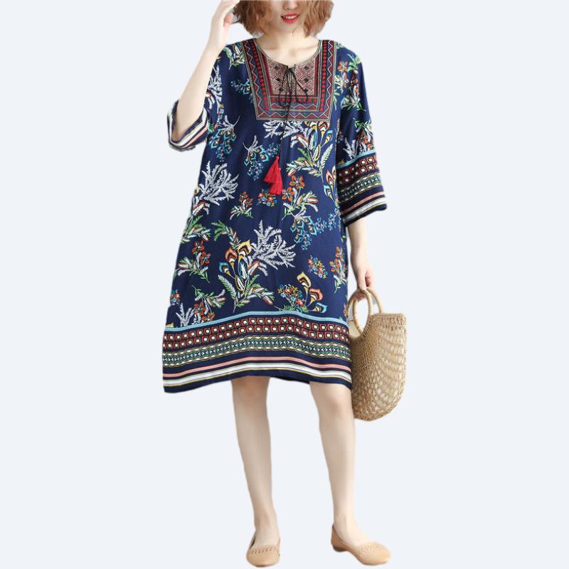 Printing  M-XXXL Printed Round Neck Dress Women Loose Plus Size Summer Polyester Short-sleeved Knee-length A-line Dress