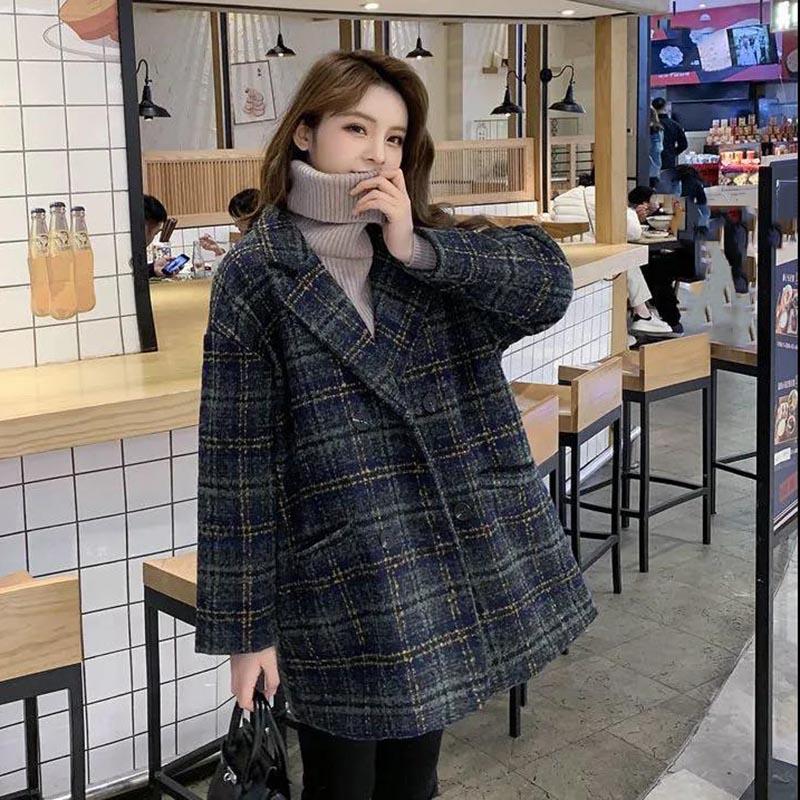 Cotton Woolen Plaid Coat Women's Mid-length Spring Loose Woolen Coat