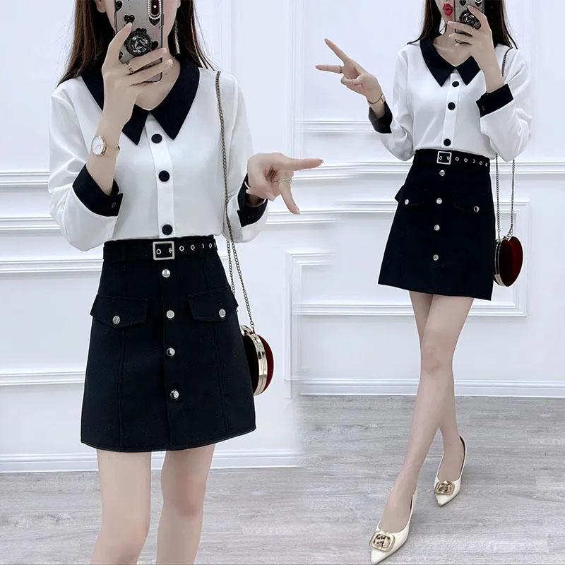 Women's Long-sleeved Chiffon Shirt High-waisted A-line Skirt 2 Pieces Set Spring Summer Splicing Color Breathable Cool Short Skirt Suit