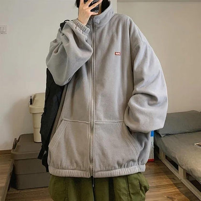 Women's Autumn and Winter Cardigan Sweater Ins Loose Korean BF Lazy Style Plus Velvet Thick Stand Collar Coat Unisex Warm Zipper Jacket