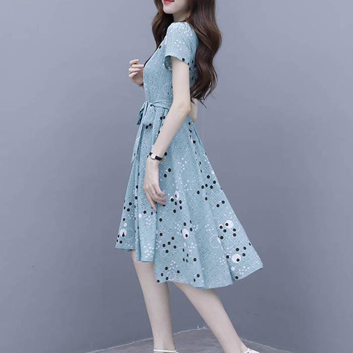 Pofulove S-3XL Women O-neck Off Shoulder Chiffon Polka Dot Dress Slim Sexy Mid-length A-line Dress