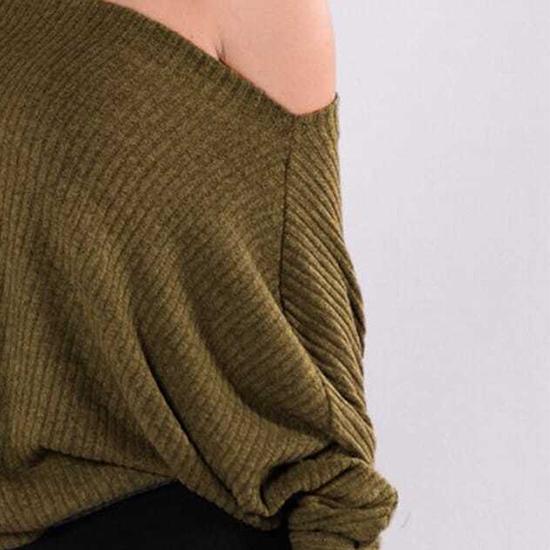 Pofulove Women Sexy Off-the-shoulder Sweater Solid Color Knitwear Long Sleeve Loose Jumper Knitwear