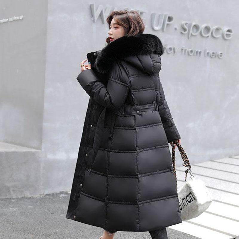 Long Down Jacket Fashion Fur Collar Waist Down Cotton-padded Jacket Over The Knee Thick Winter Padded Jacket Suitable for Women