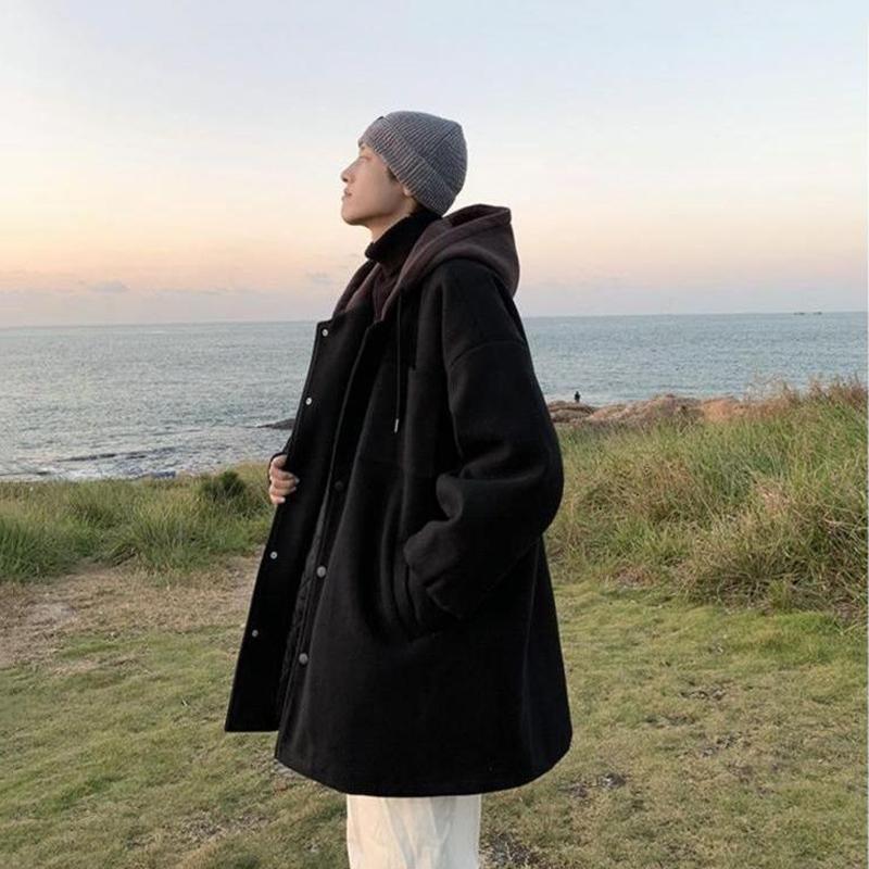 Warm Woolen Coat Mid-length Loose Casual All-match Long-sleeved Hooded Top Coat Men's Temperament Mid-length Windbreaker