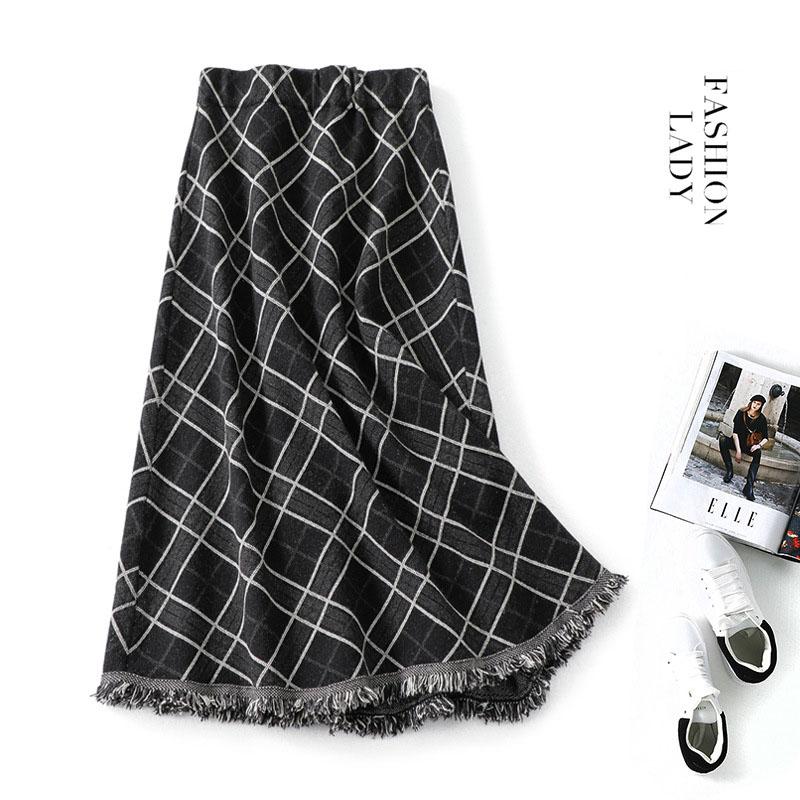 Ladies Long Knitted Skirt Autumn Winter Women's Fringed Plaid Umbrella Skirt High Waist A-line Big Swing Skirt