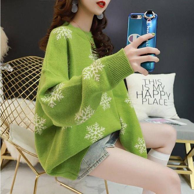 Pofulove Women Green Warm Round Neck Pullover Sweater Thick Snowflake Knitted Bottoming Shirt Top