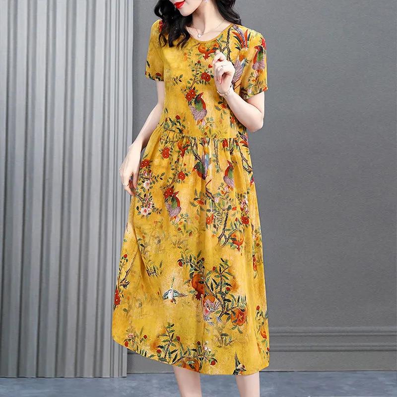 Women's Summer Plus Size Loose Long Print Dress Round Neck Slim Dress